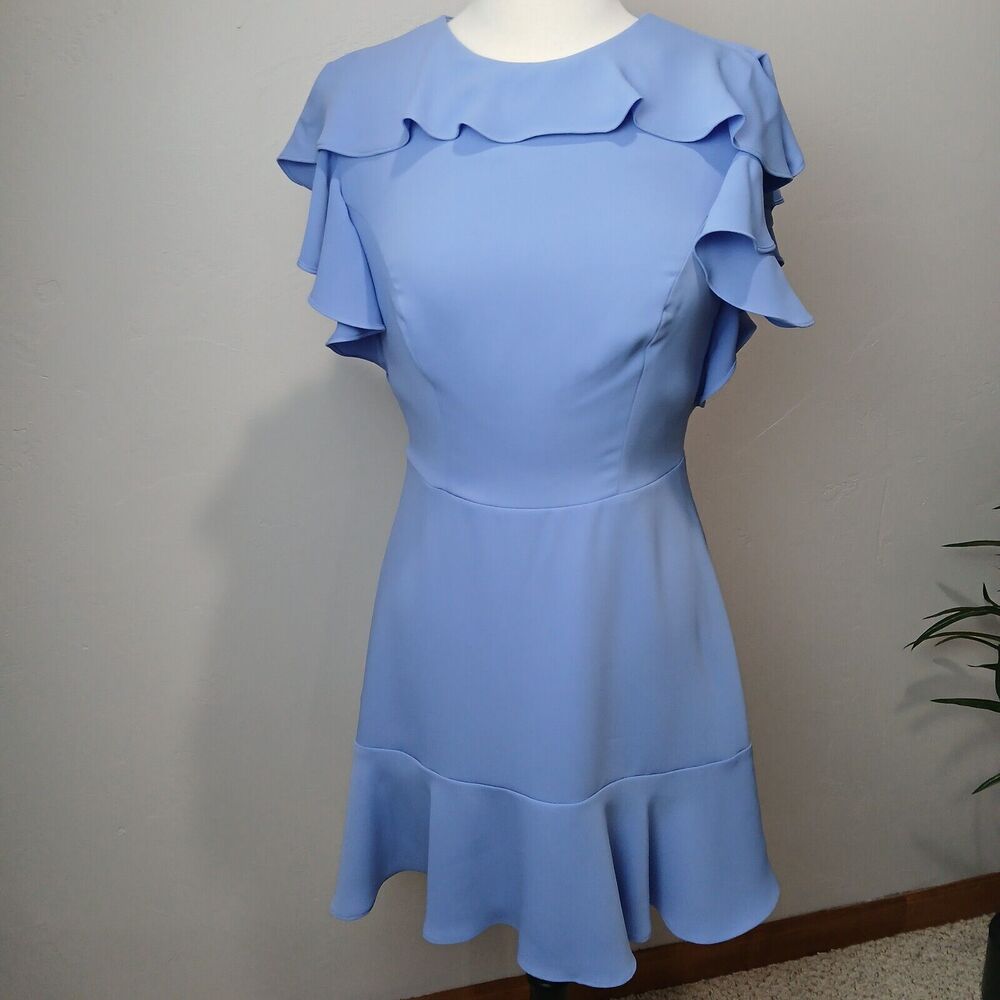 Amanda Uprichard Emery Dress Medium Chambray Blue Ruffle Mini Flounce 20432 - Picture 4 of 12